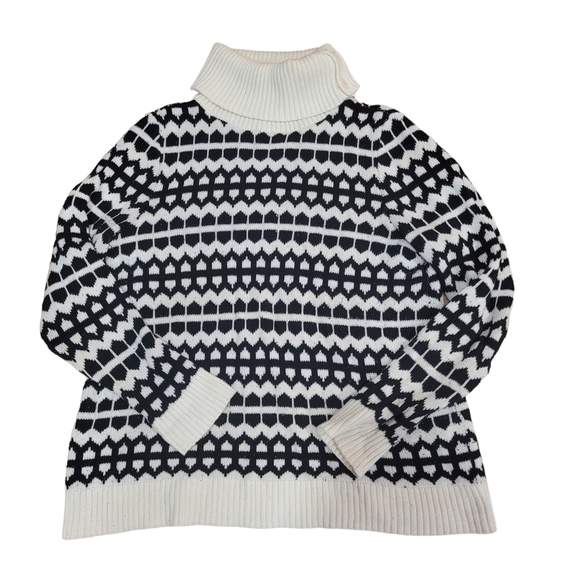 Talbots Vintage Size Black White Button Turtleneck Fold Over Printed Sweater - Picture 1 of 5